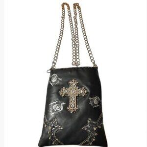 Rustic Coutures Crossbody Faux Leather Black Pouch with Silver Cross OS GUC